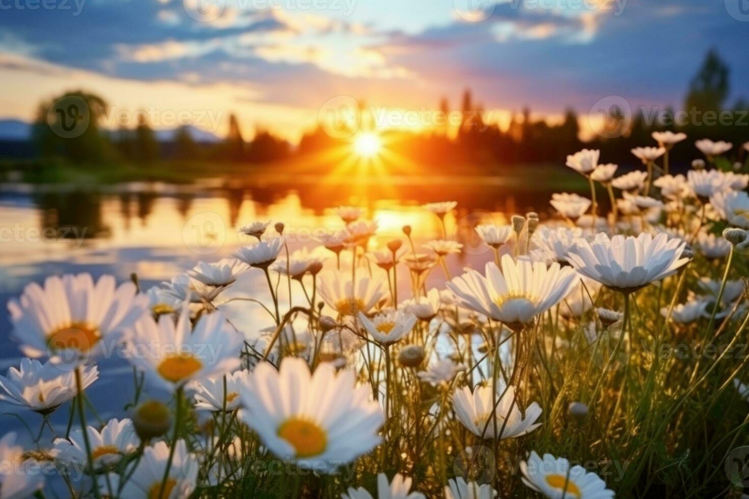 Field daisies in the grass illuminated by sunlight. Generated by artificial intelligence photo