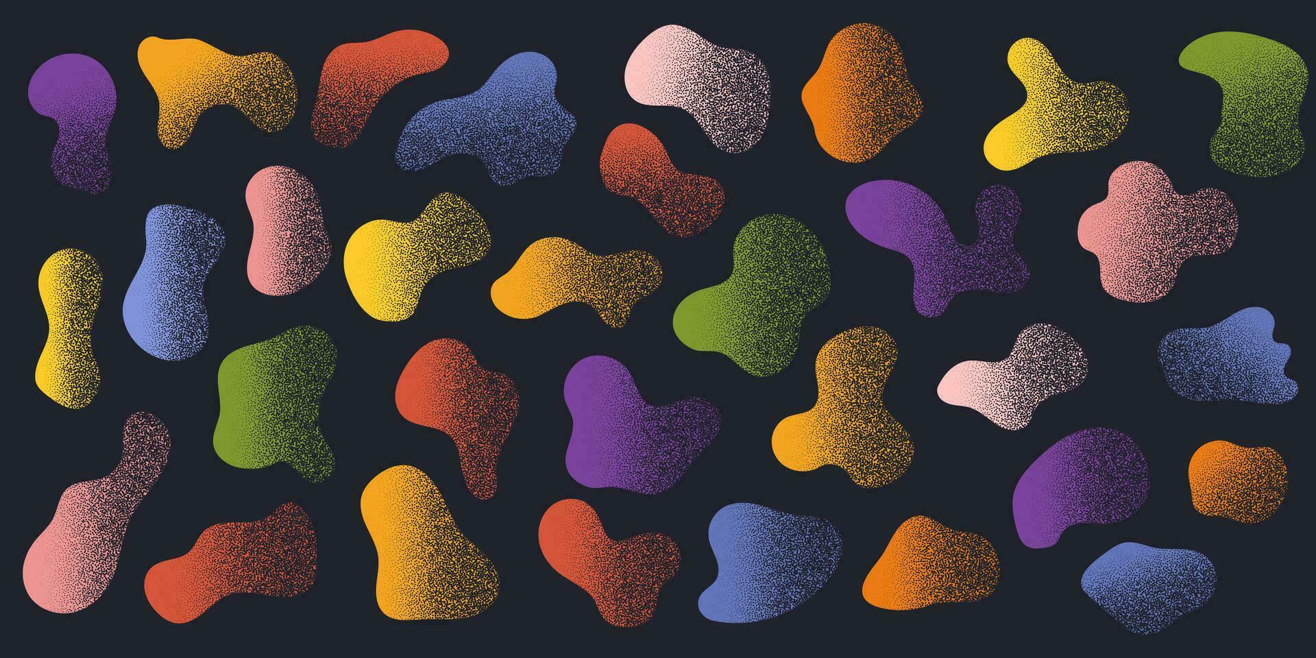 Colorful Amoeba blob with gritty texture, organic abstract shape. Set of Liquid amorphous shapes, fluid blotch collection. Grain sandstone vector