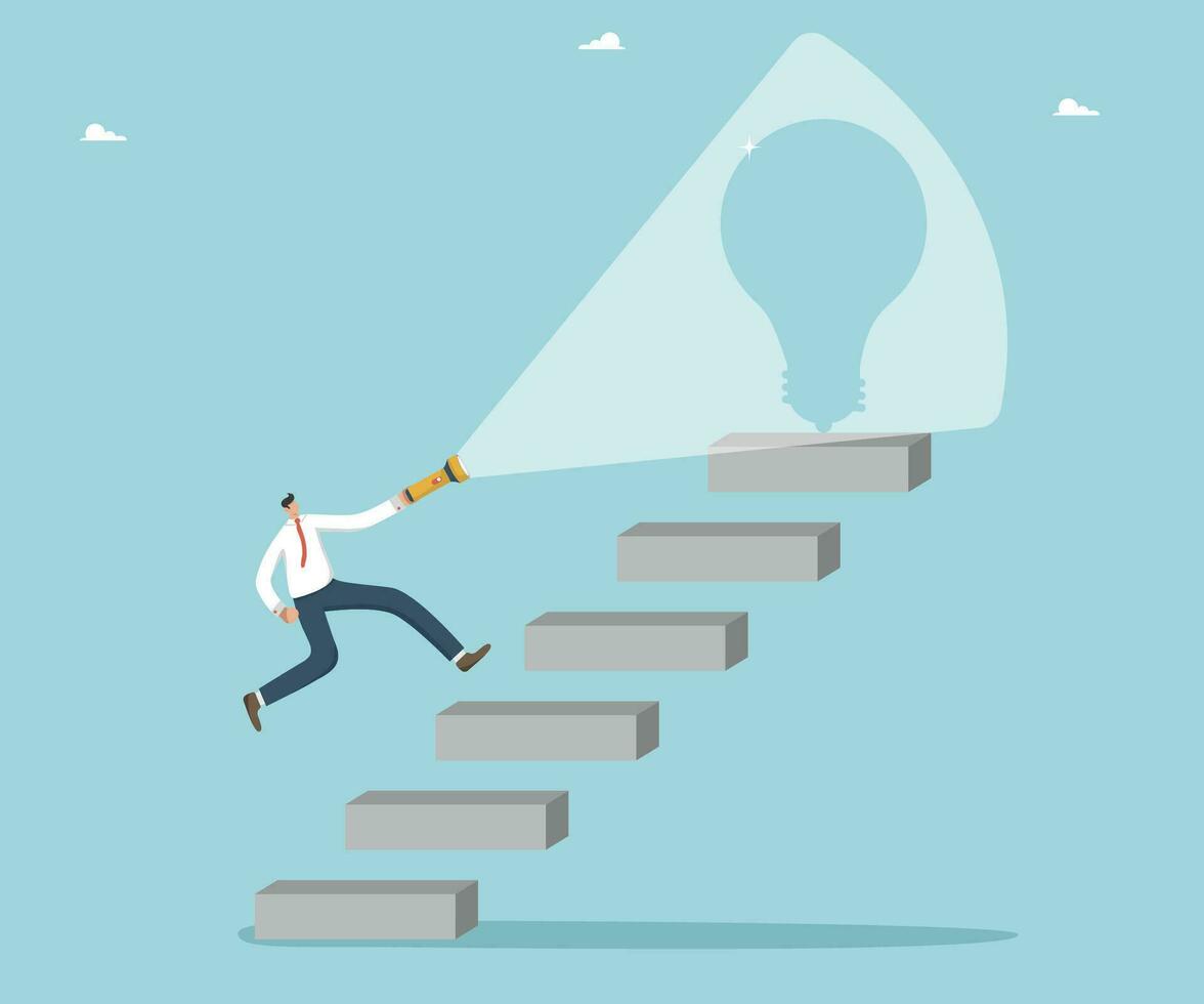 Creativity or intelligence for creating new ideas, thought process or logic for innovation, new opportunities or knowledge for great success or business development, man runs on steps with flashlight. vector