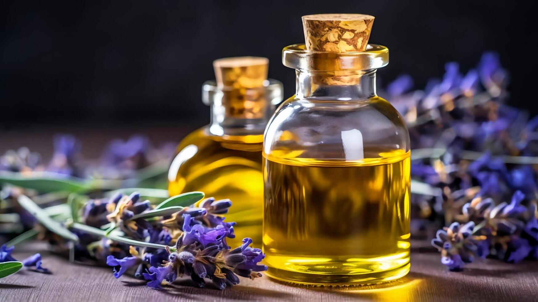 Panoramic banner or header of fresh purple lavender with flacons of essential oil for aromatherapy, photo