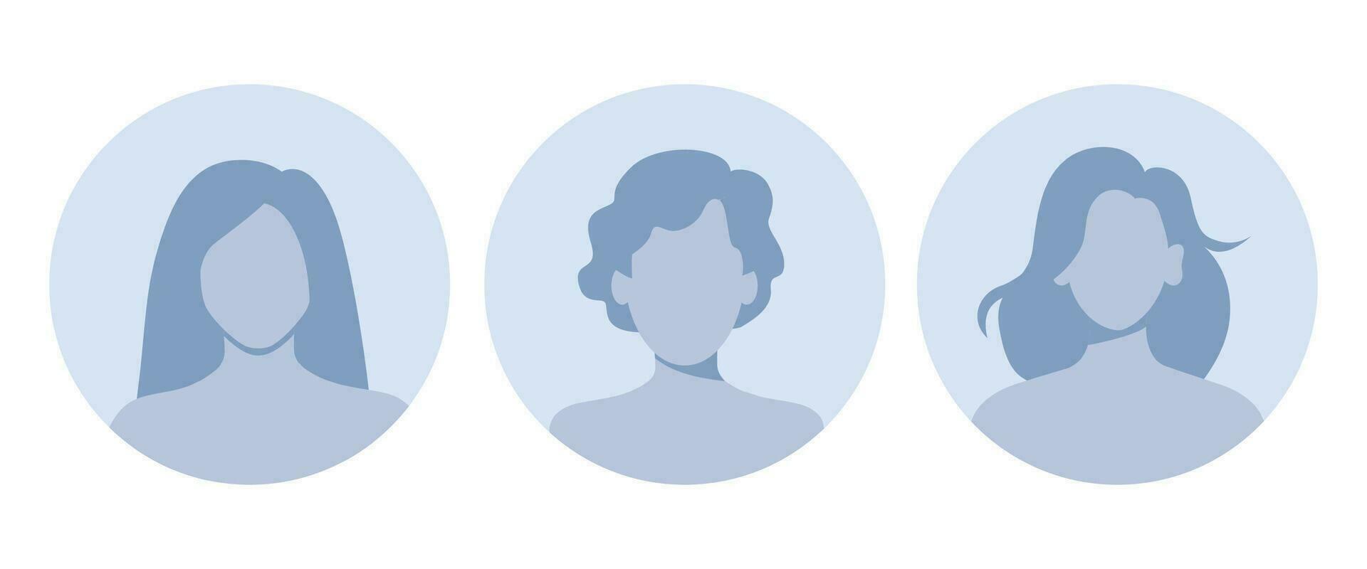 Woman empty avatars set. Default photo placeholder for social networks, resumes, forums and dating sites. Male and female no photo images for unfilled user profile. Vector illustration.