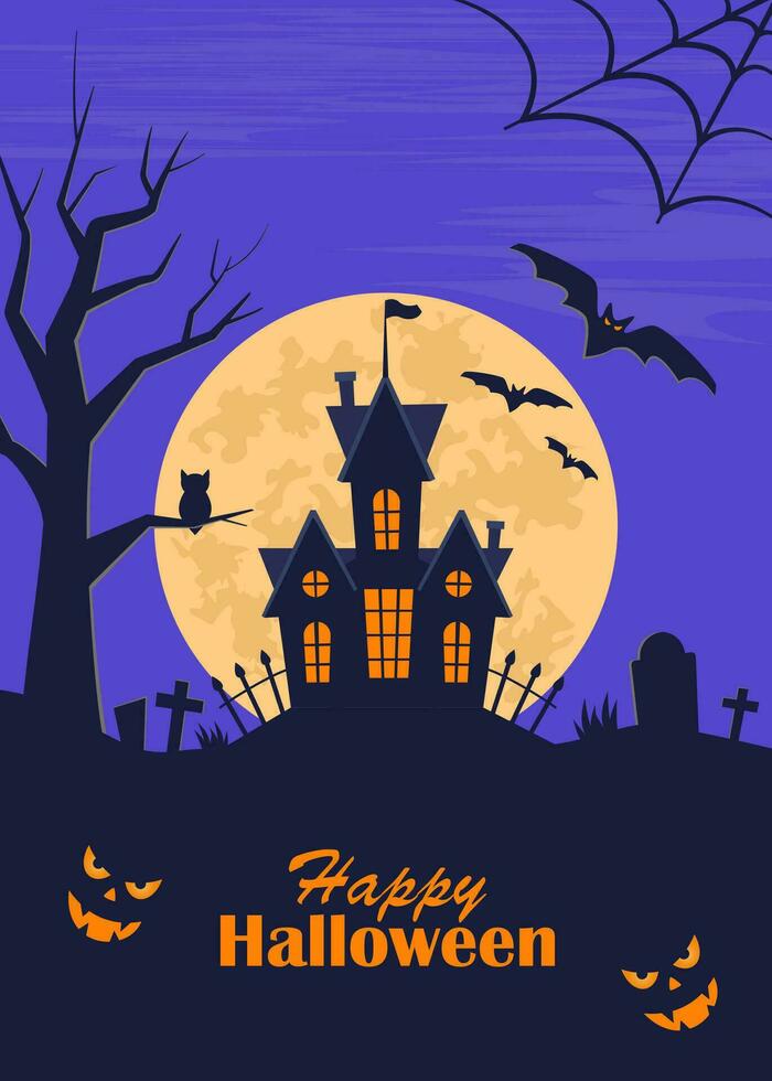 Halloween poster, scary party invitation flyer, banner. Dark castle, moon, bats, graves, tombstones, crosses, tree, owl, pumpkins. Halloween night vector illustration.