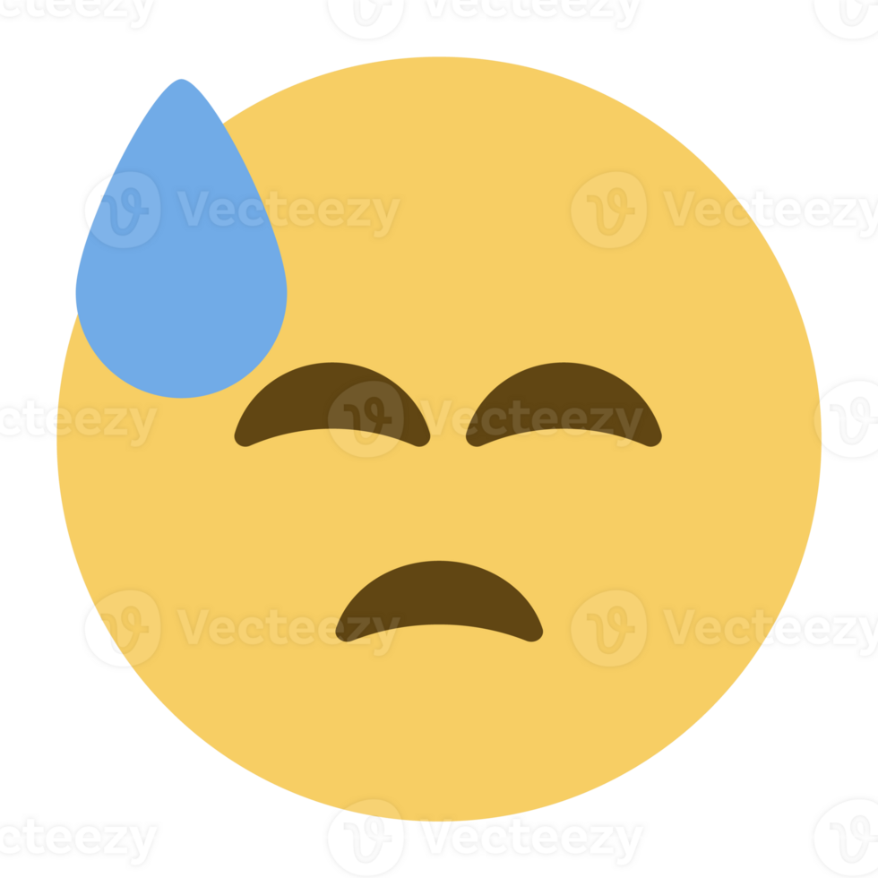 Downcast emoji with cold sweat. Sad yellow face, emoticon with closed eyes png
