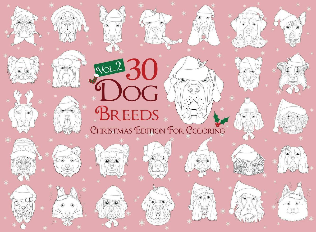 Set of 30 dog breeds for coloring with Christmas and winter themes Set 2 vector