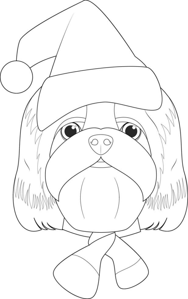 Christmas greeting card for coloring. Shitzu dog with Santa's hat vector