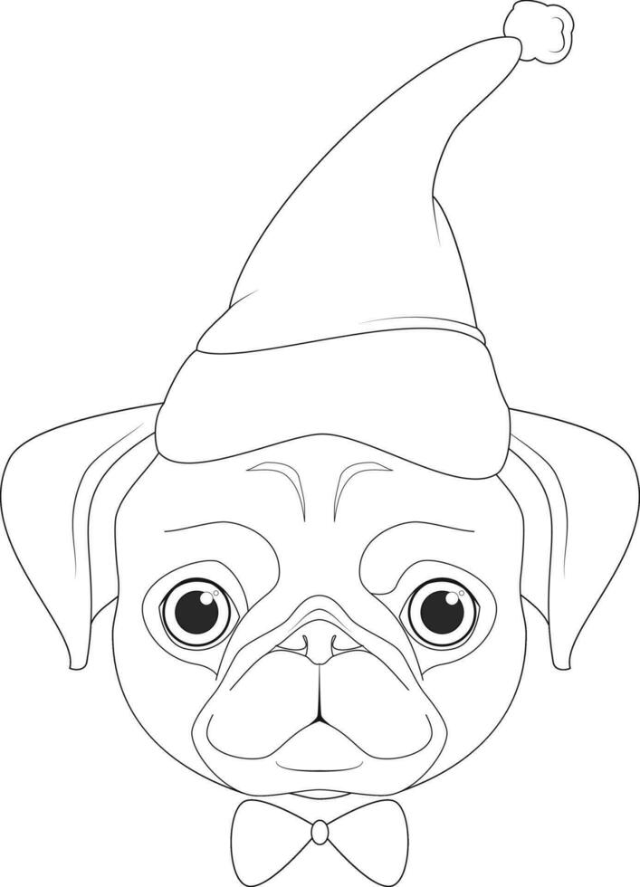 Christmas greeting card for coloring. Pug dog with Santa's hat vector