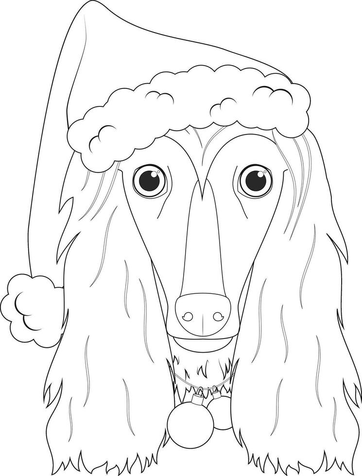 Navidad saludo tarjeta para colorante. afgano sabueso perro con de santa sombrero y Navidad juguete pelotas vector
