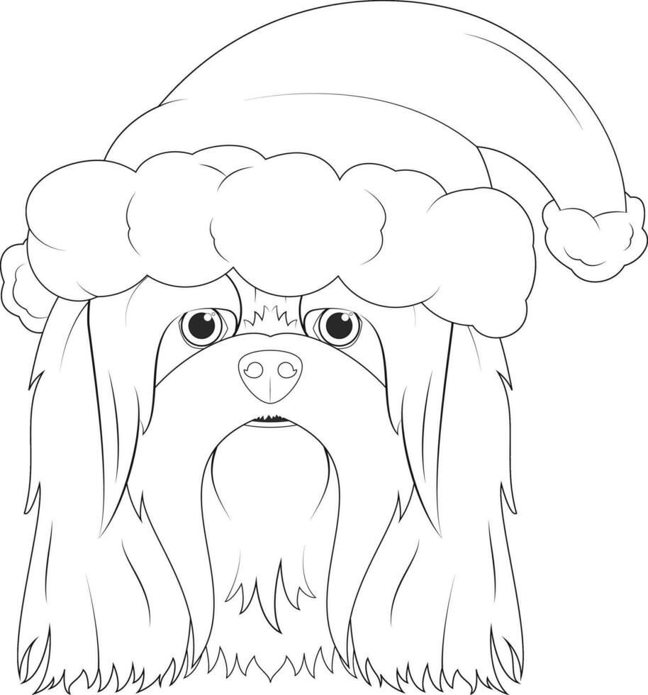 Christmas greeting card for coloring. Lhasa Apso dog with Santa's hat vector