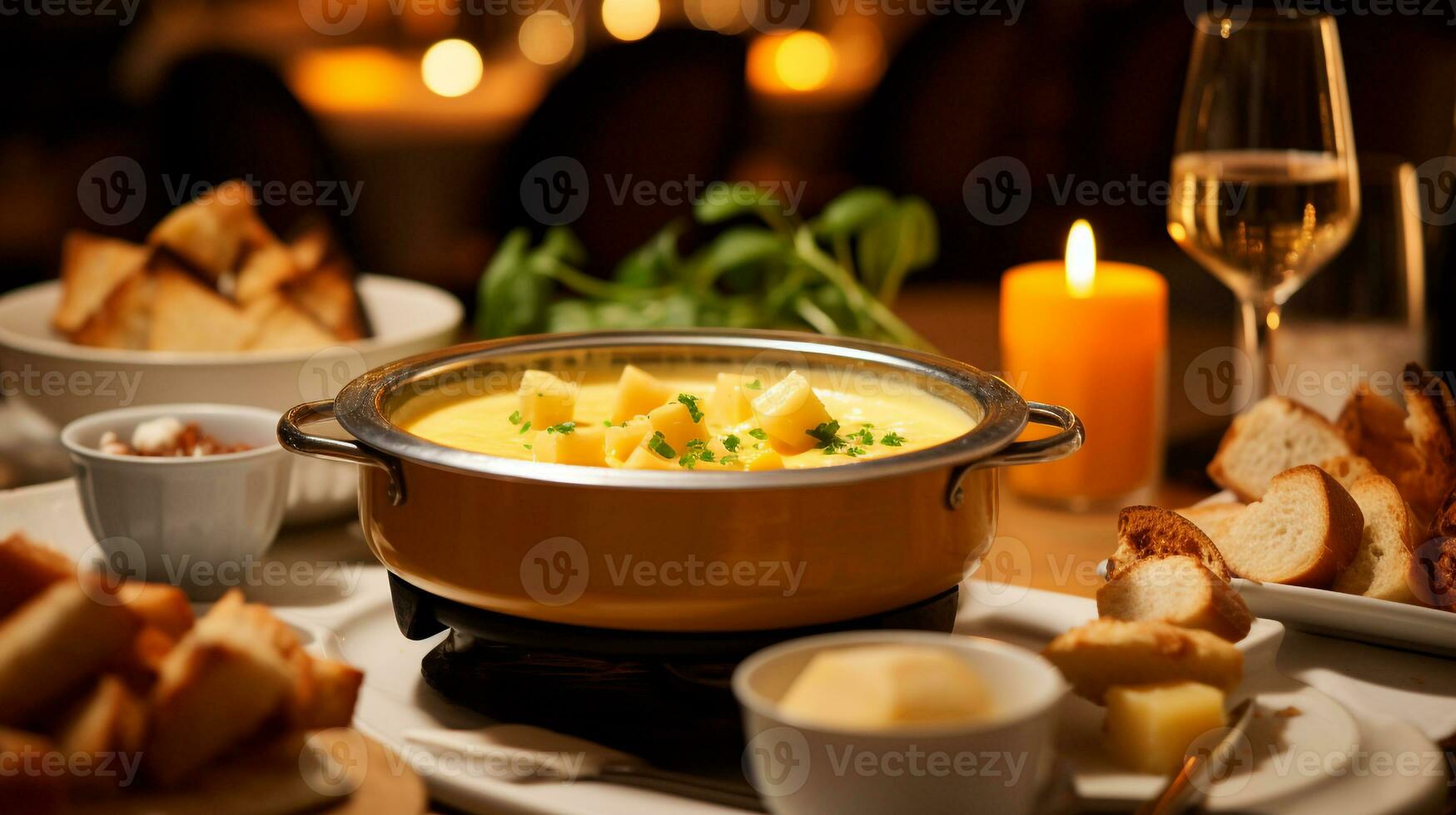 Photo of Cheese Fondue as a dish in a high-end restaurant. Generative AI