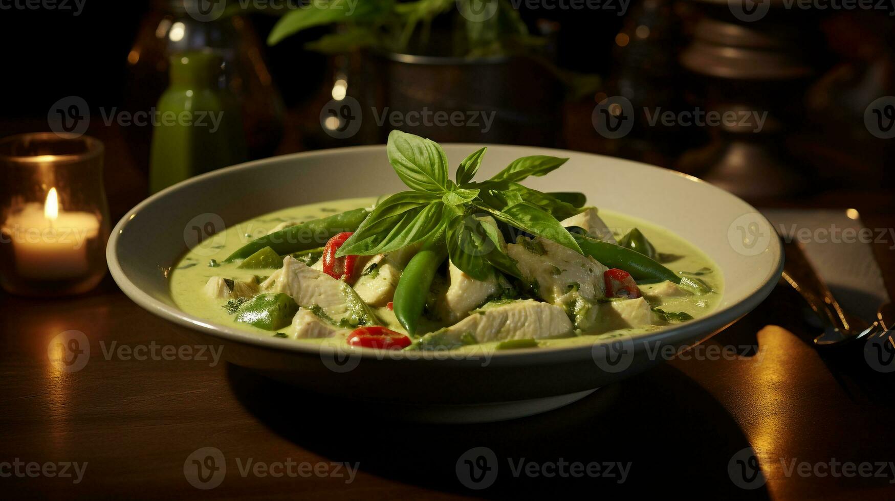 Photo of Thai Green Curry as a dish in a high-end restaurant. Generative AI