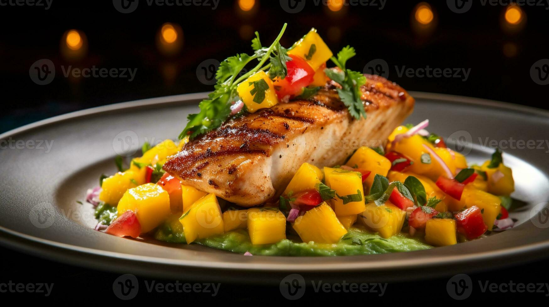 Photo of Mango Salsa Chicken as a dish in a high-end restaurant. Generative AI