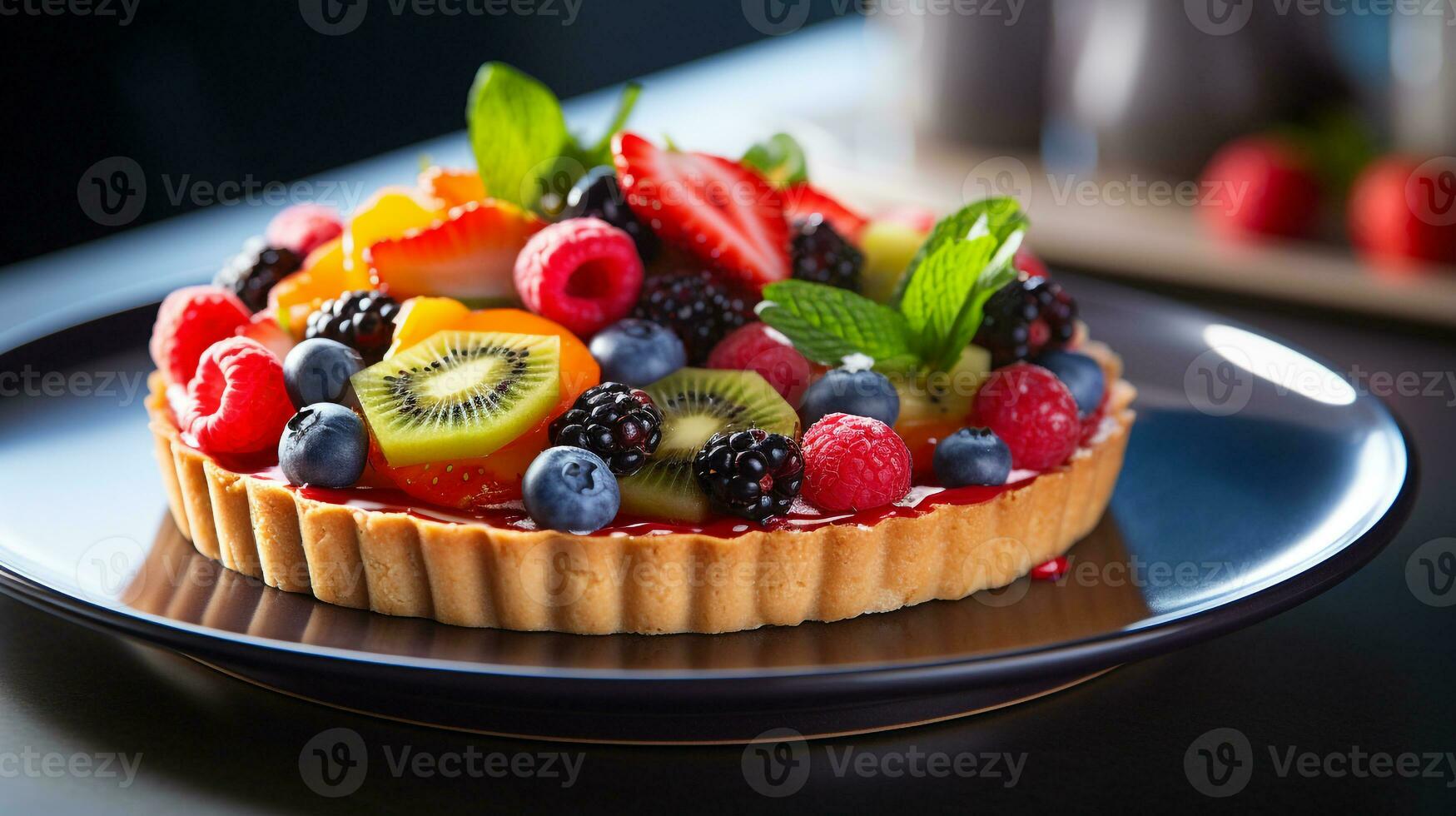 Photo of Fresh Fruit Tart as a dish in a high-end restaurant. Generative AI