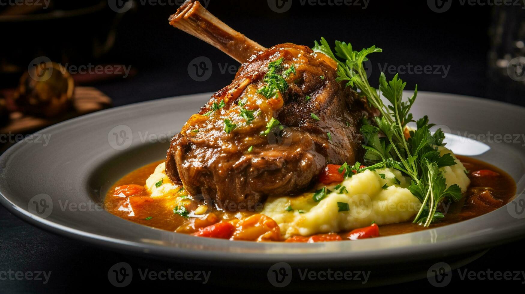 Photo of Lamb Shank Osso Buco as a dish in a high-end restaurant. Generative AI