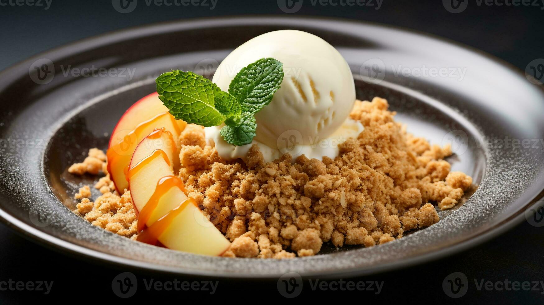 Photo of Apple Crumble as a dish in a high-end restaurant. Generative AI