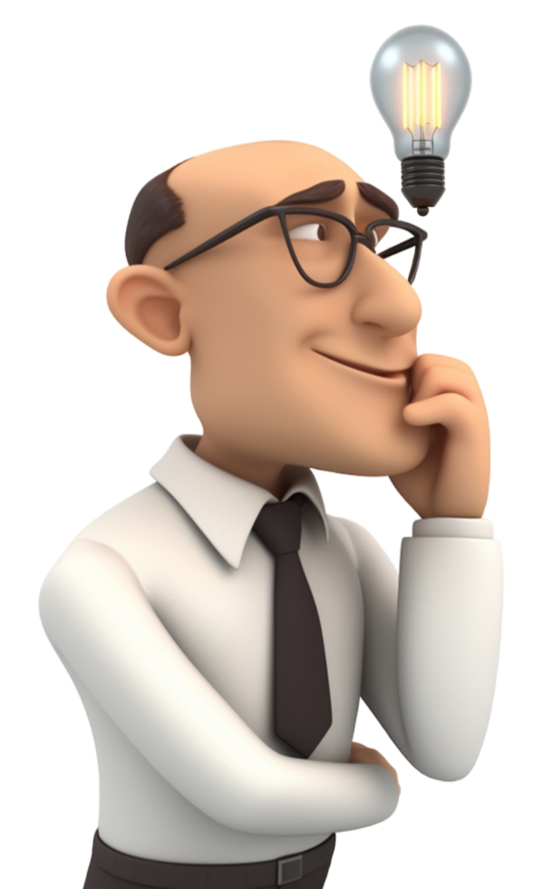 3D Illustration character, a smiling business man is thinking about an idea, with a light bulb icon symbol. generative ai png