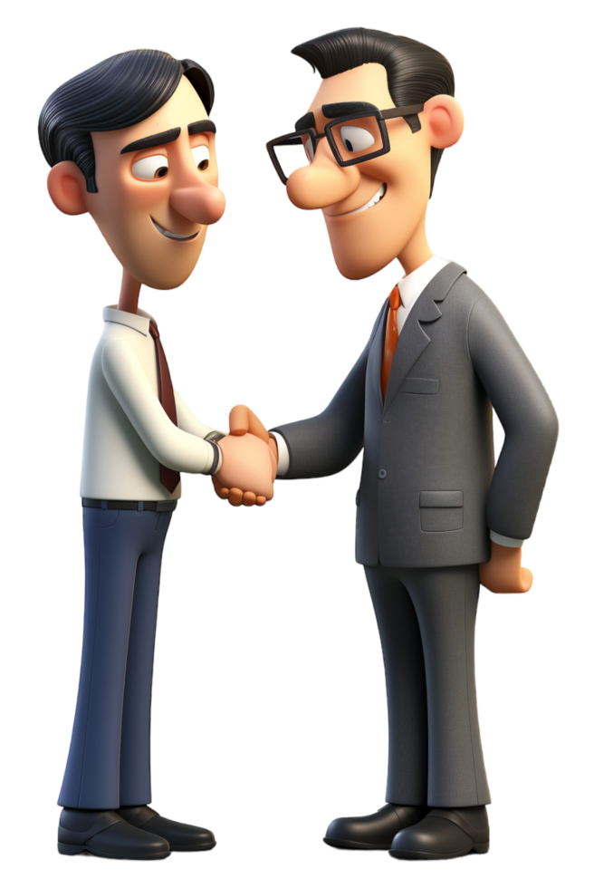 a businessman shaking hands with his business partner, concept of deal, cooperation, etc, cartoon character 3d illustration. generative ai png