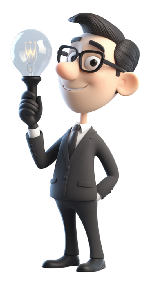 3d ilustración personaje, un sonriente negocio hombre es pensando acerca de un idea, con un ligero bulbo icono símbolo. generativo ai png