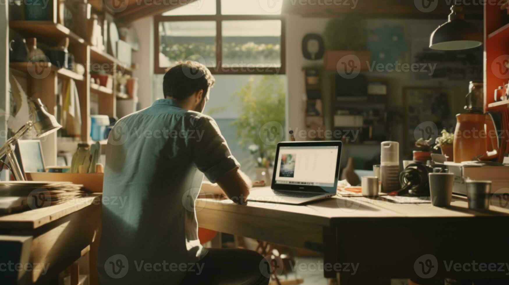 Focused man working from home on laptop in the sunny morning photo