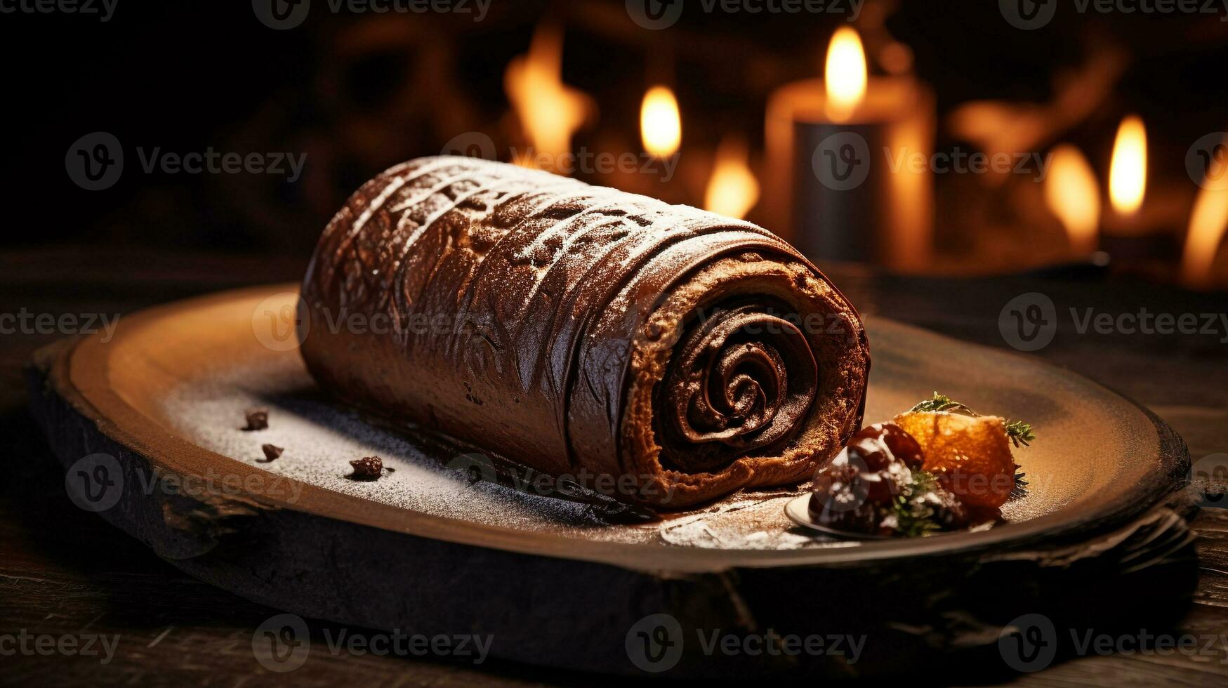 Photo of Yule Log Cake as a dish in a high-end restaurant. Generative AI
