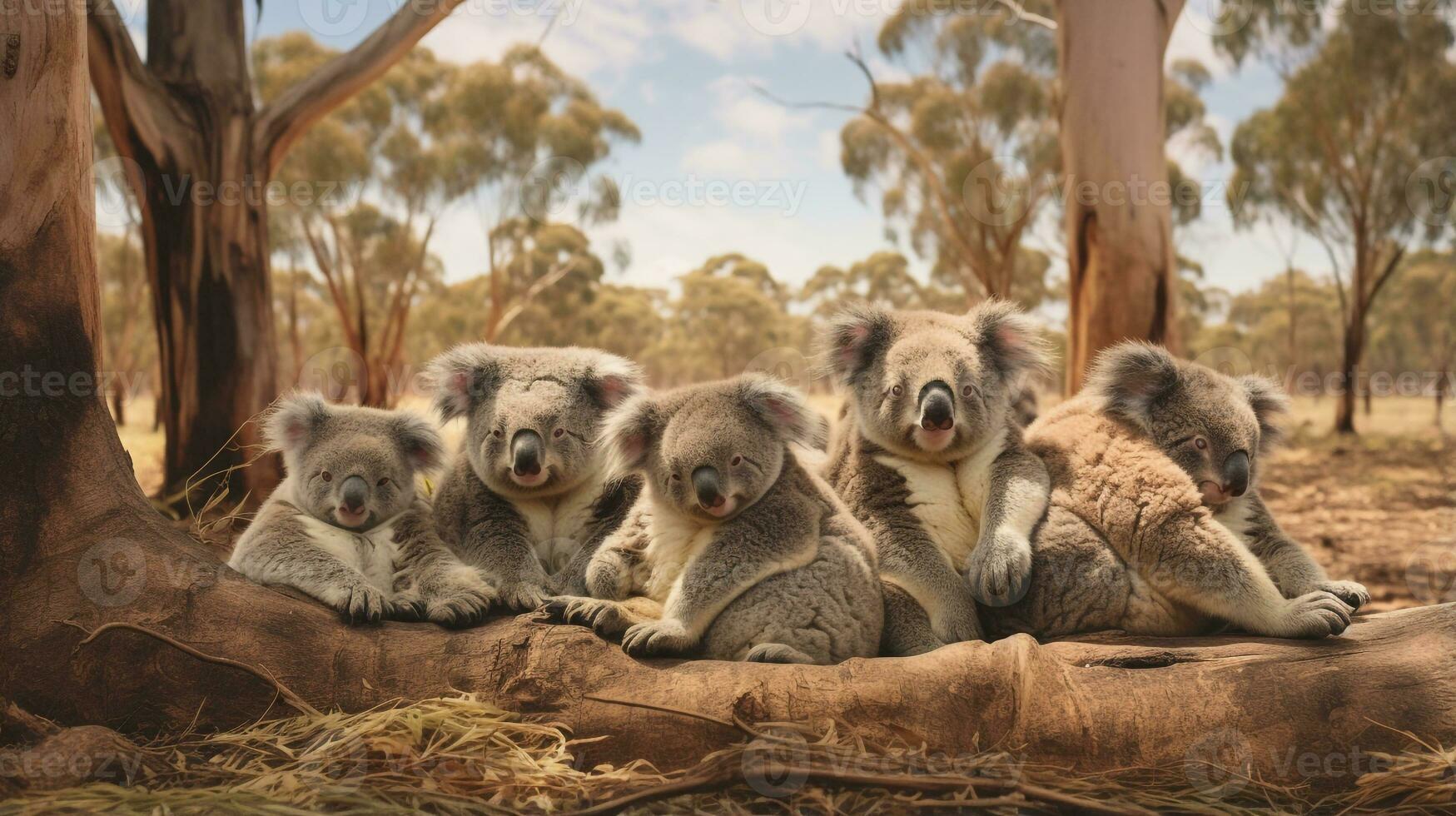 Photo of a herd of Koala resting in an open area on the Savanna. Generative AI