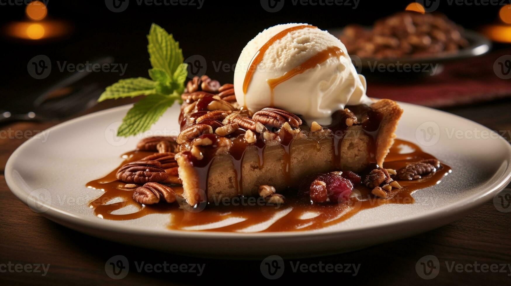 Photo of Pecan Pie as a dish in a high-end restaurant. Generative AI