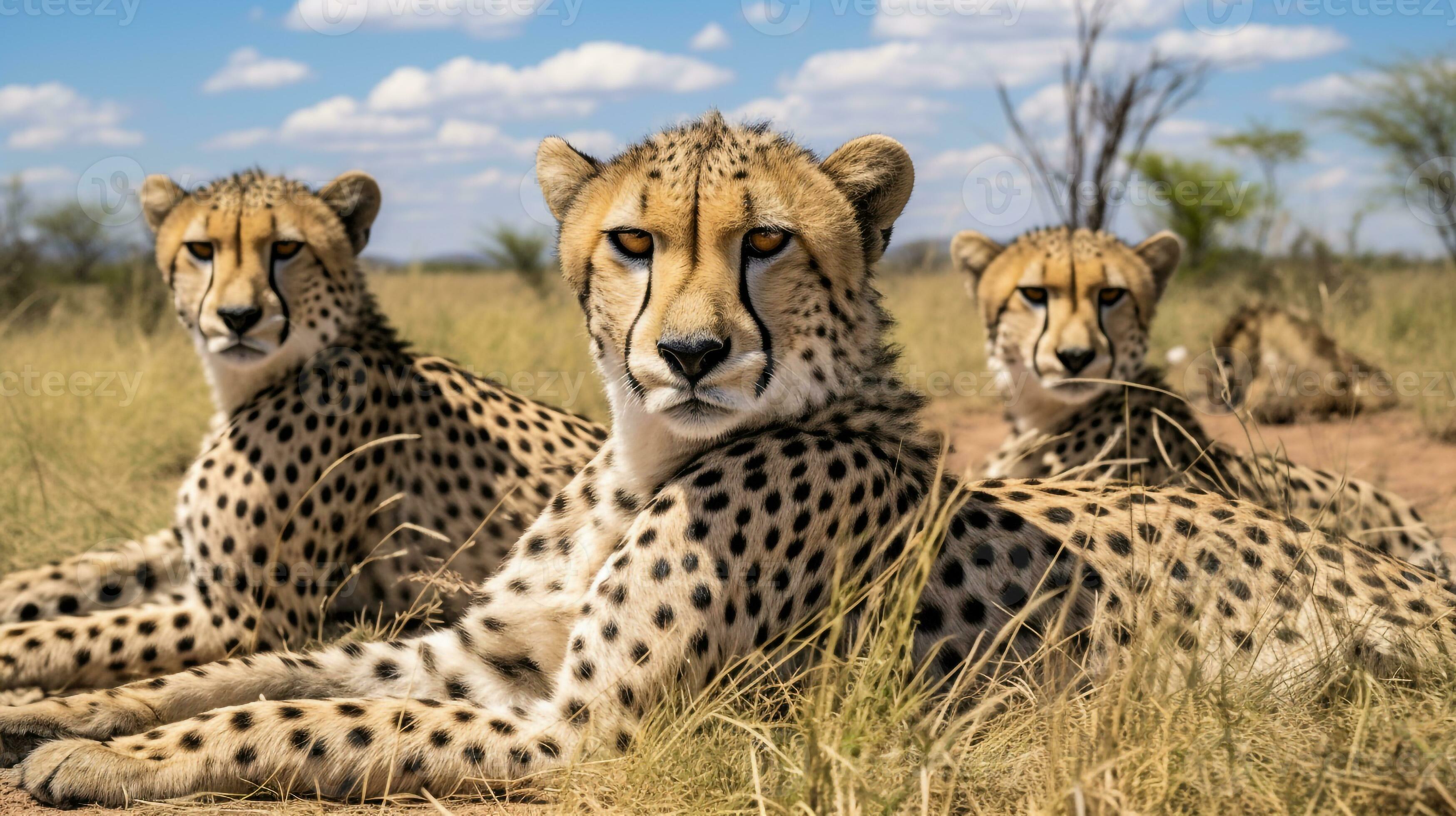 Photo of a herd of Cheetah resting in an open area on the Savanna Biology Diagrams