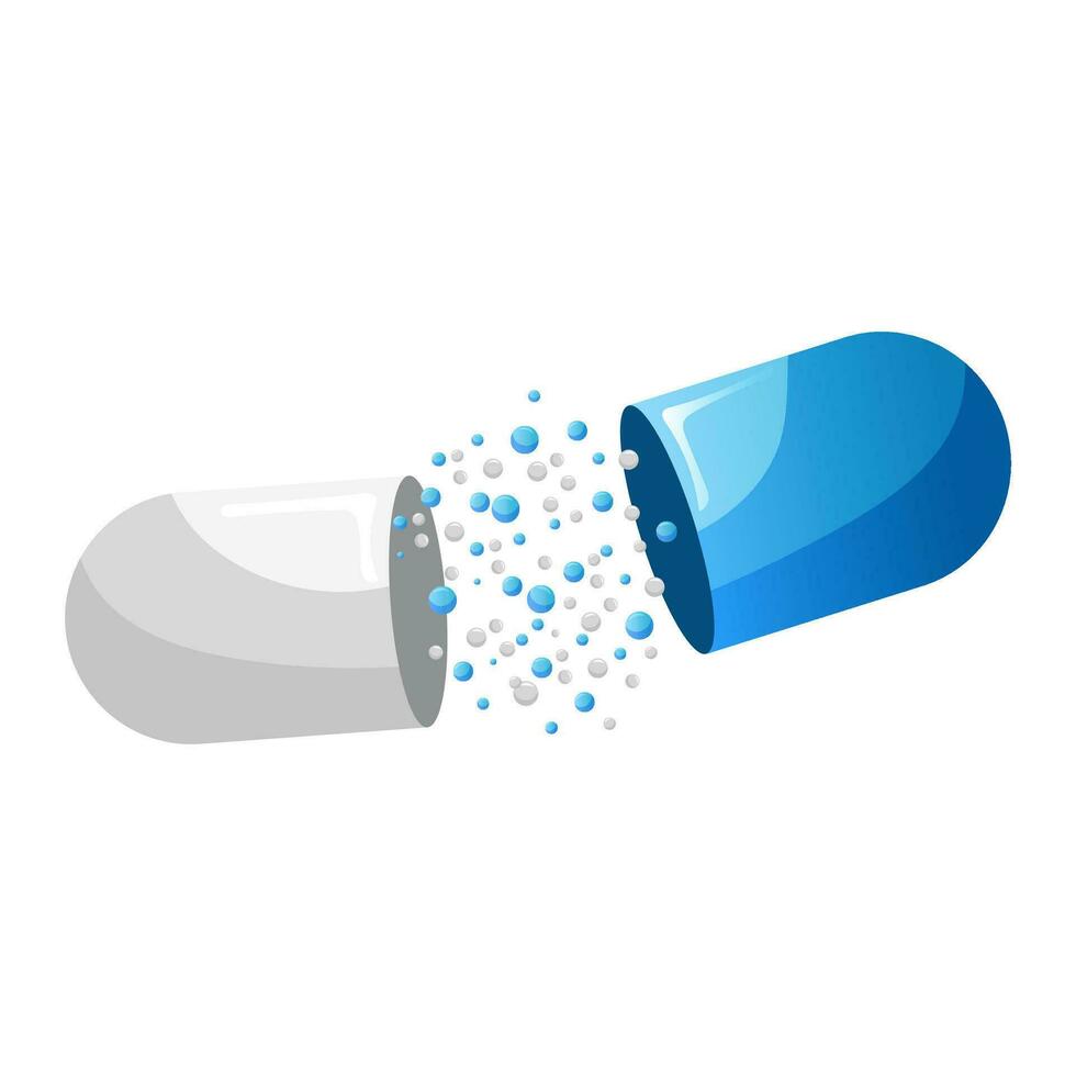 Opened medicine capsule with falling granules vector