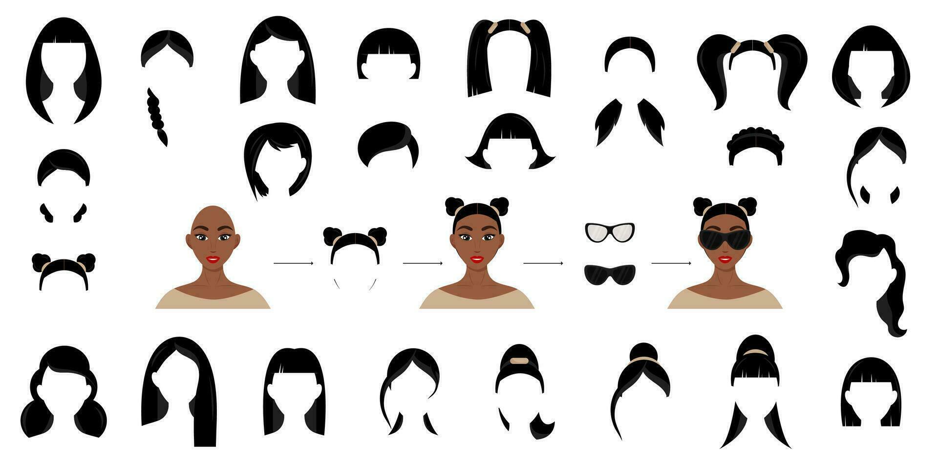 mujer cara avatar construcción vector colocar. crear hembra personaje con diferente peinados bonito negro mujer.