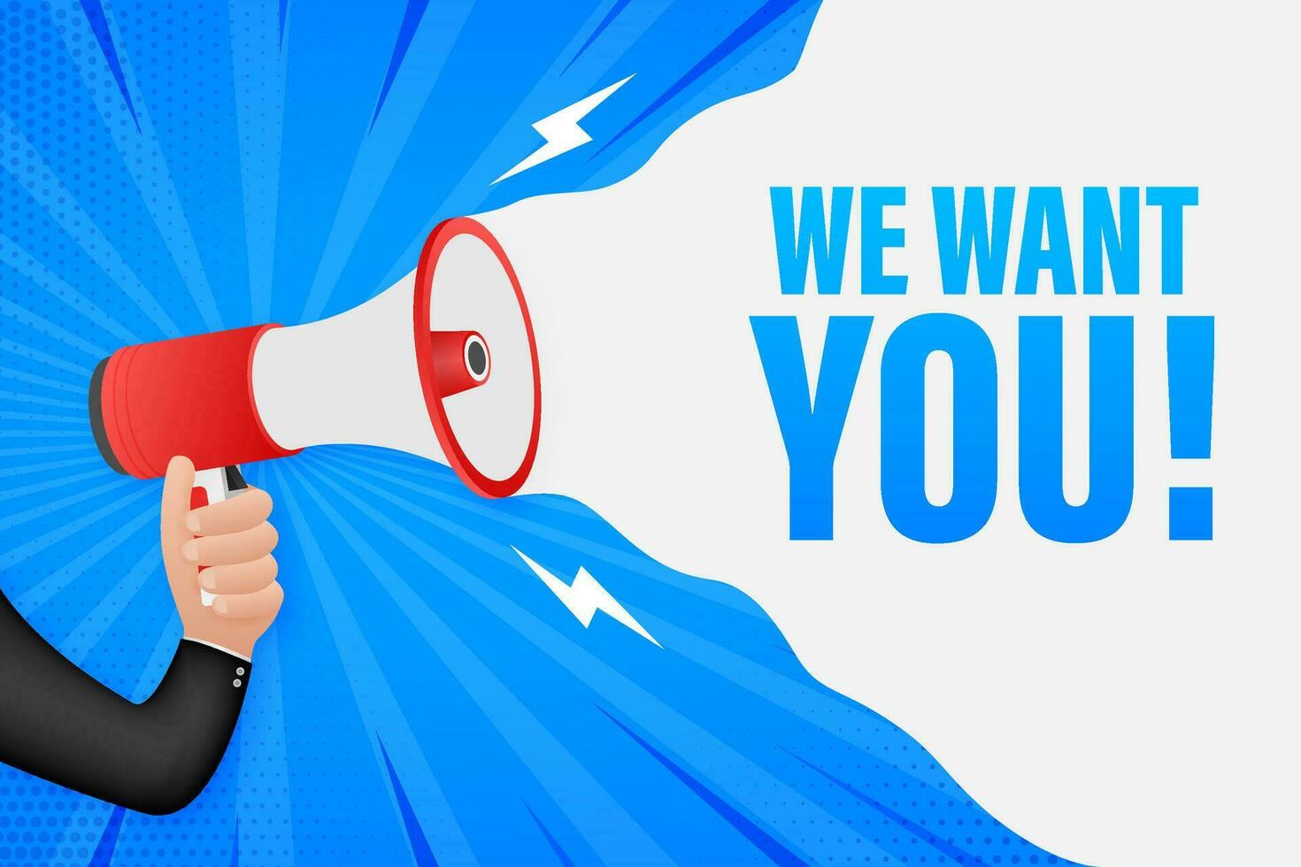 Hand Holding Megaphone with we want you. Megaphone banner. Web design. Vector stock illustration.