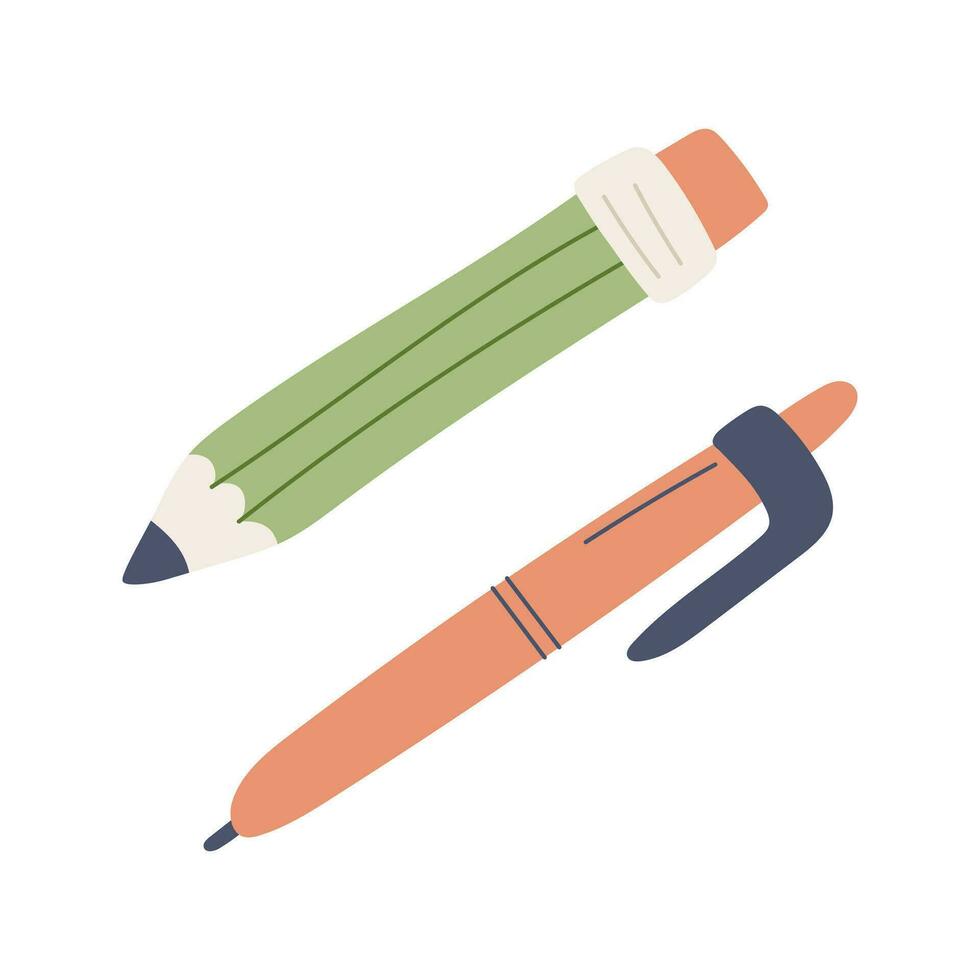 lápiz con borrador y bolígrafo bolígrafo. papelería colegio suministros. sencillo diseño. plano dibujos animados estilo. color vector ilustración aislado en un blanco antecedentes