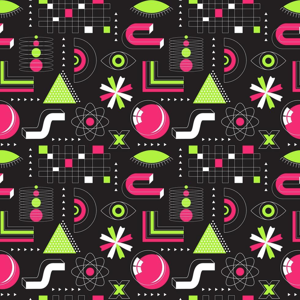 Bright pink and green neon acidic seamless pattern. Abstract geometric shapes, bold, linear objects. Brutalism, retro futurism style. Dots, triangles, grid, flowers, eye. Vector illustration on black.