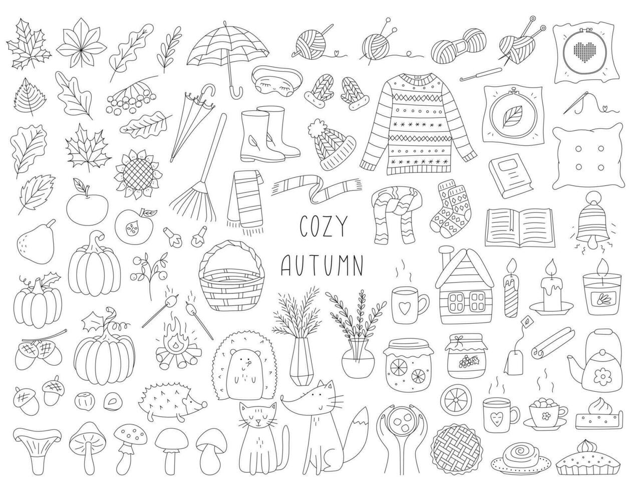 Set of hand drawn autumn elements. Outline design objects symbolizing autumn, comfort, harvest. Warm clothes, leaves, hot drink. Black white vector illustration isolated on white . Editable stroke