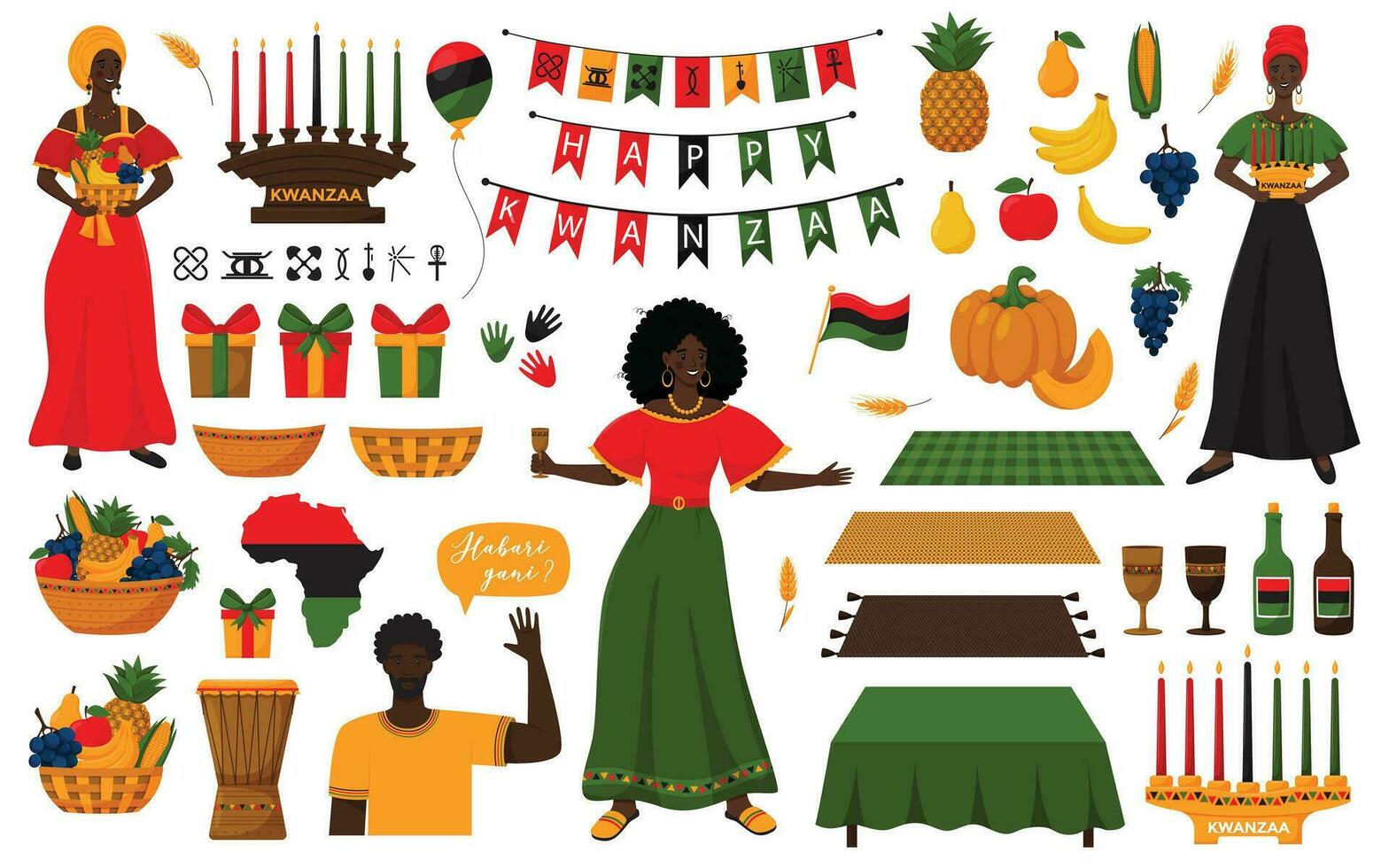 Set of decorative elements for African American holiday Kwanzaa. Women in dresses, Candleholder, Kinara, fruits, gift boxes, mkeka, drum, cup, bottle, signs of principles. Isolated vector illustration