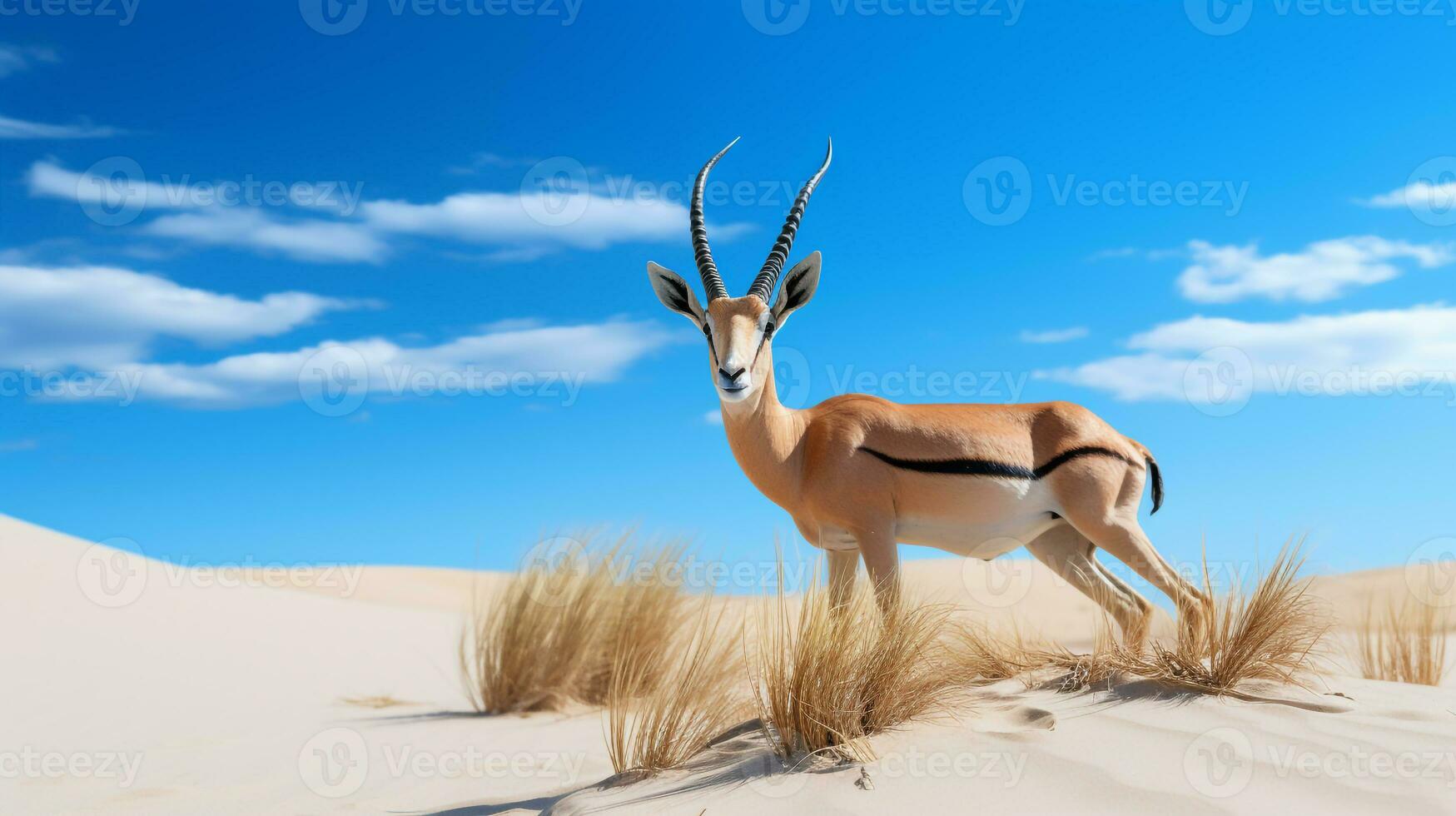 Photo of a Sand Gazelle in a Desert with blue sky. Generative AI