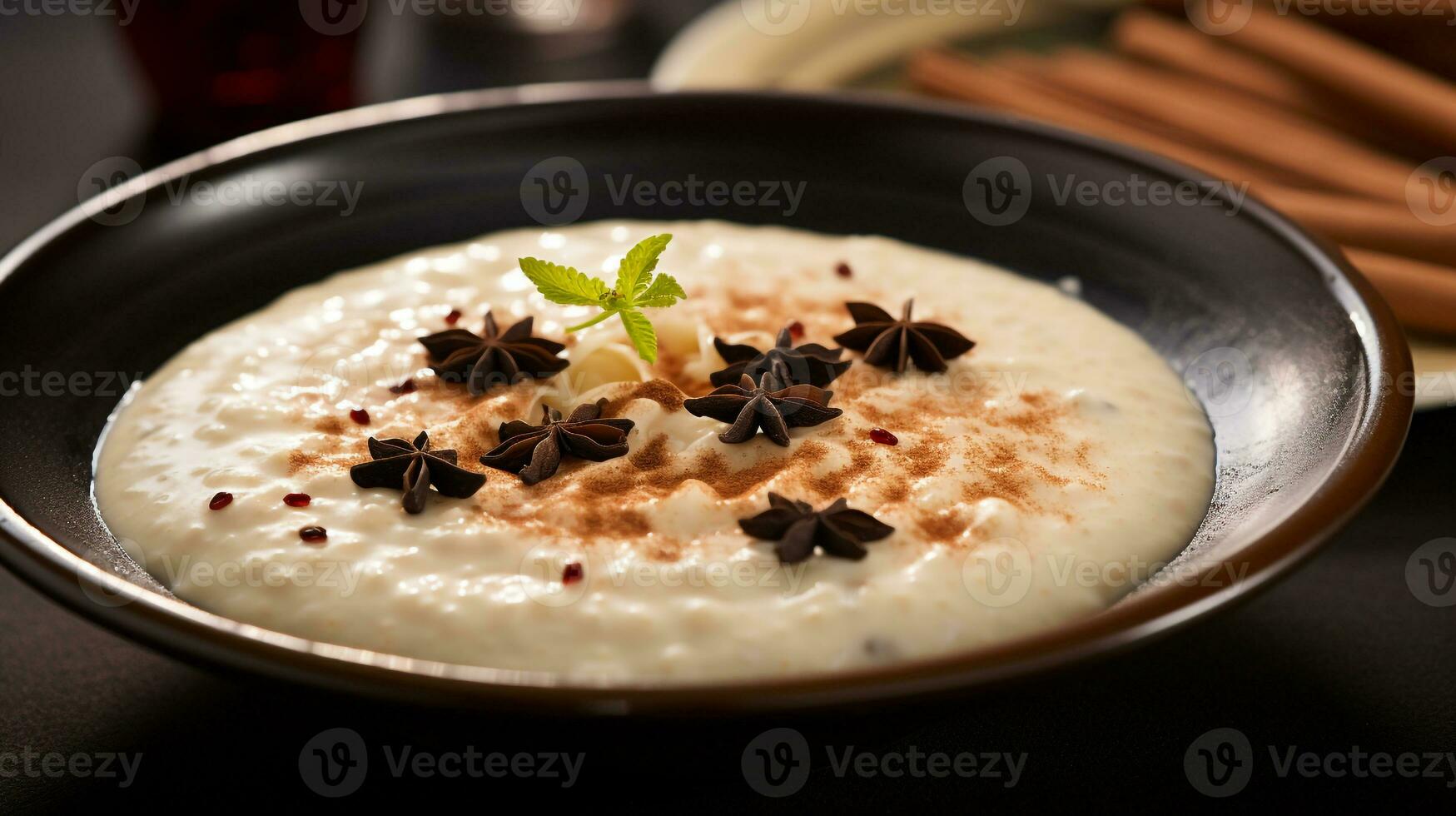 Photo of Rice Pudding as a dish in a high-end restaurant. Generative AI