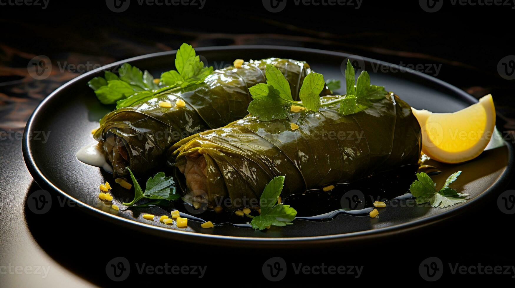Photo of Dolmas - Stuffed Grape Leaves as a dish in a high-end restaurant. Generative AI