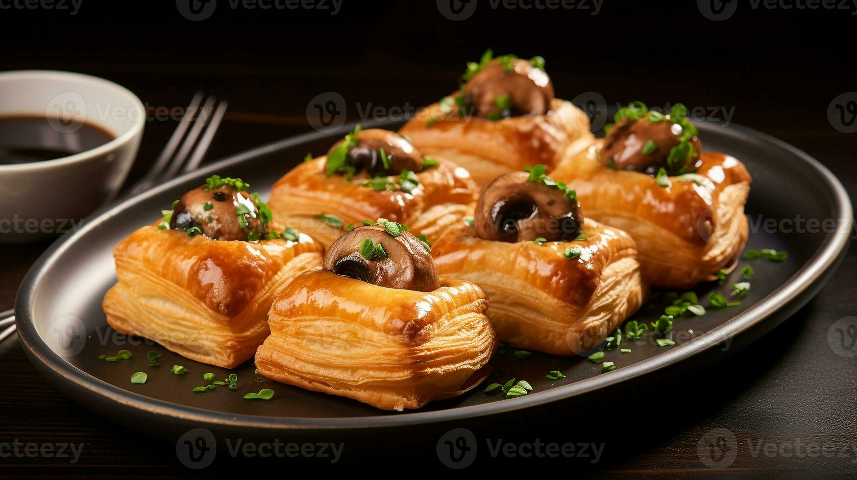 Photo of Mushroom Puff Pastry Bites as a dish in a high-end restaurant. Generative AI