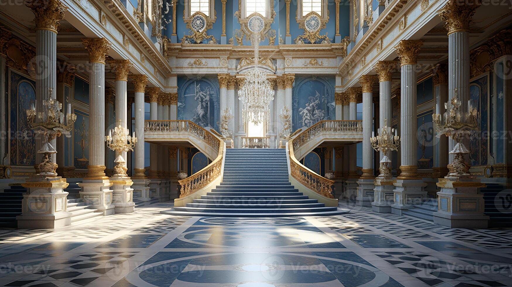 Photo of the room featuring the interior design of the Palace of Versaille, France. Generative AI