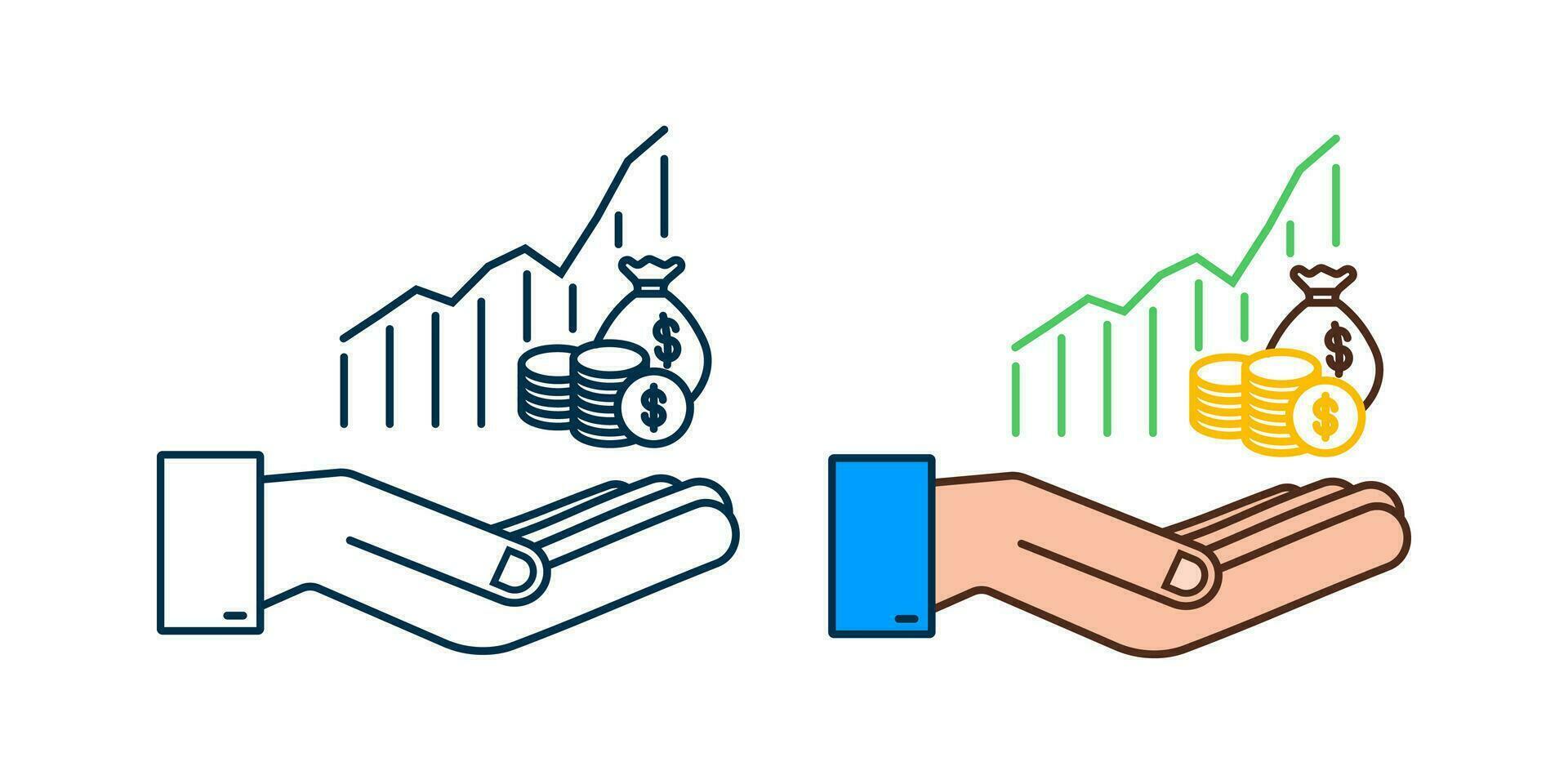 Profit money or budget icon in hands. Cash and rising graph arrow up, concept of business success. Capital earnings, benefit. Vector illustration