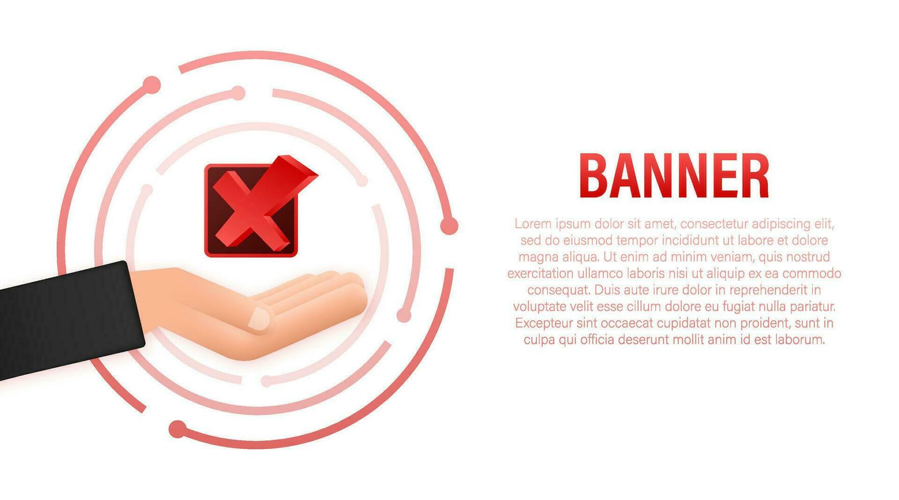 Cross mark hanging over hands. Red rejected sticker on white background. Vector stock illustration