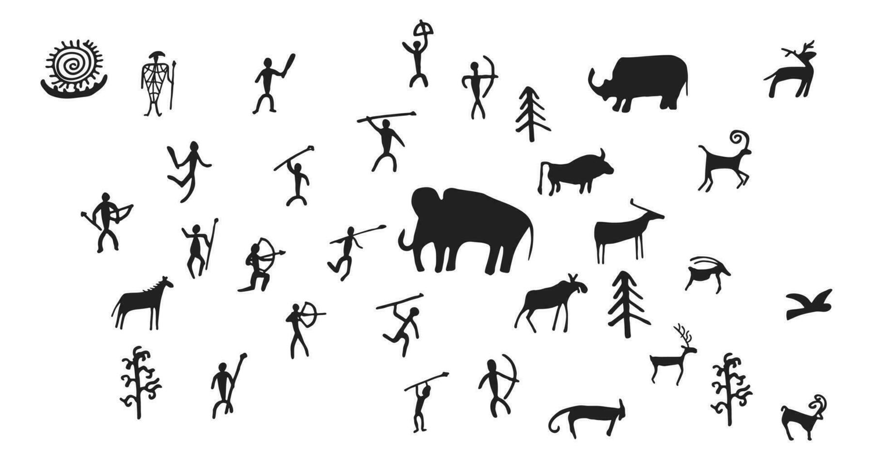 Cave painting prehistoric rock art hand drawn sketch style vector illustration set.