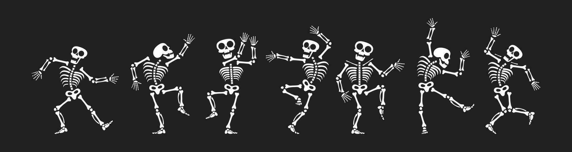 Skeletons dancing with different positions flat style design vector illustration set.