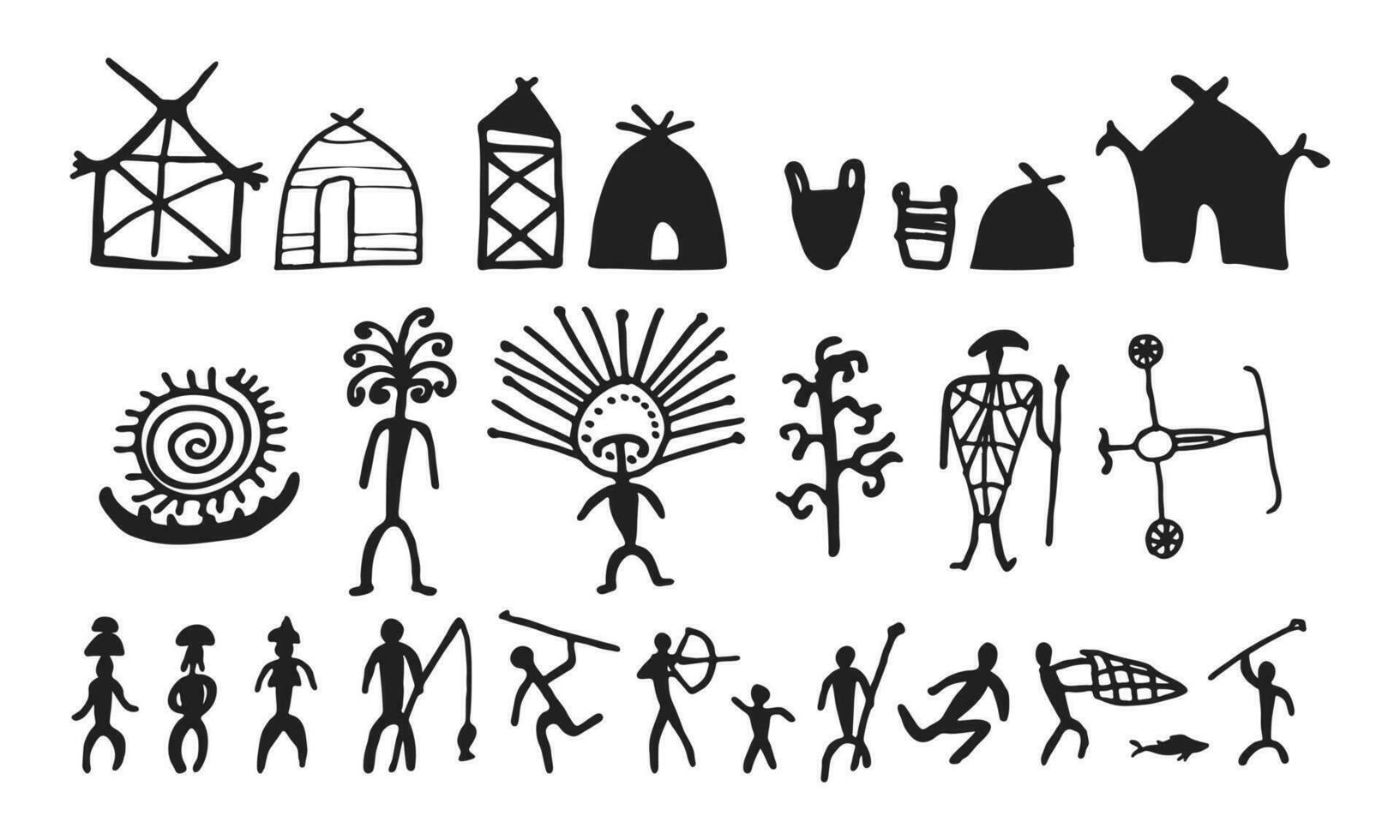 Cave painting prehistoric rock art hand drawn sketch style vector illustration set.