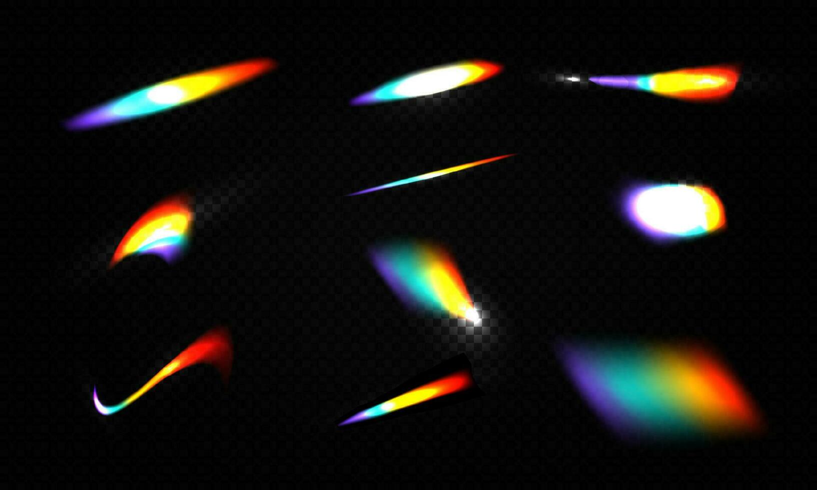 Crystal rainbow light leak flare reflection effect vector illustration set.