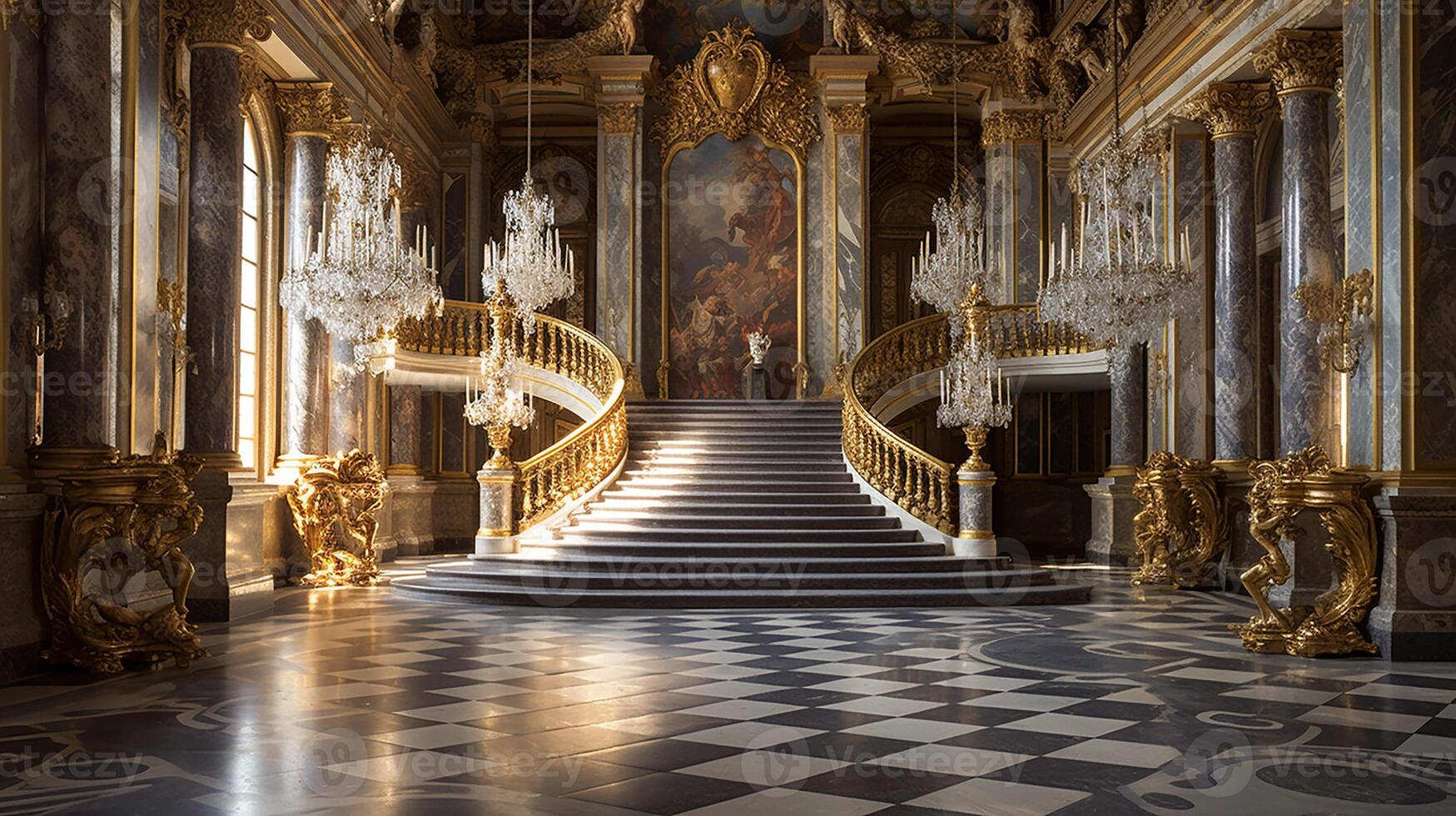 Photo of the room featuring the interior design of the Palace of Versaille, France. Generative AI