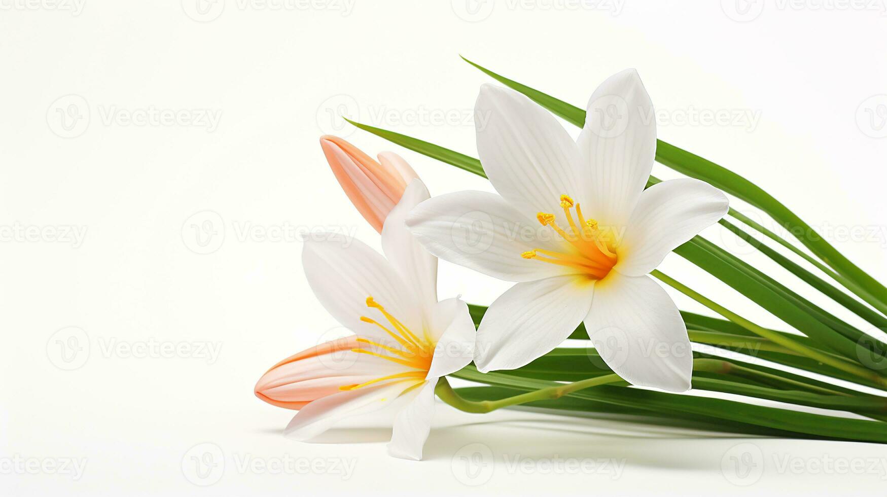 Photo of beautiful Zephyranthes flower isolated on white background. Generative AI