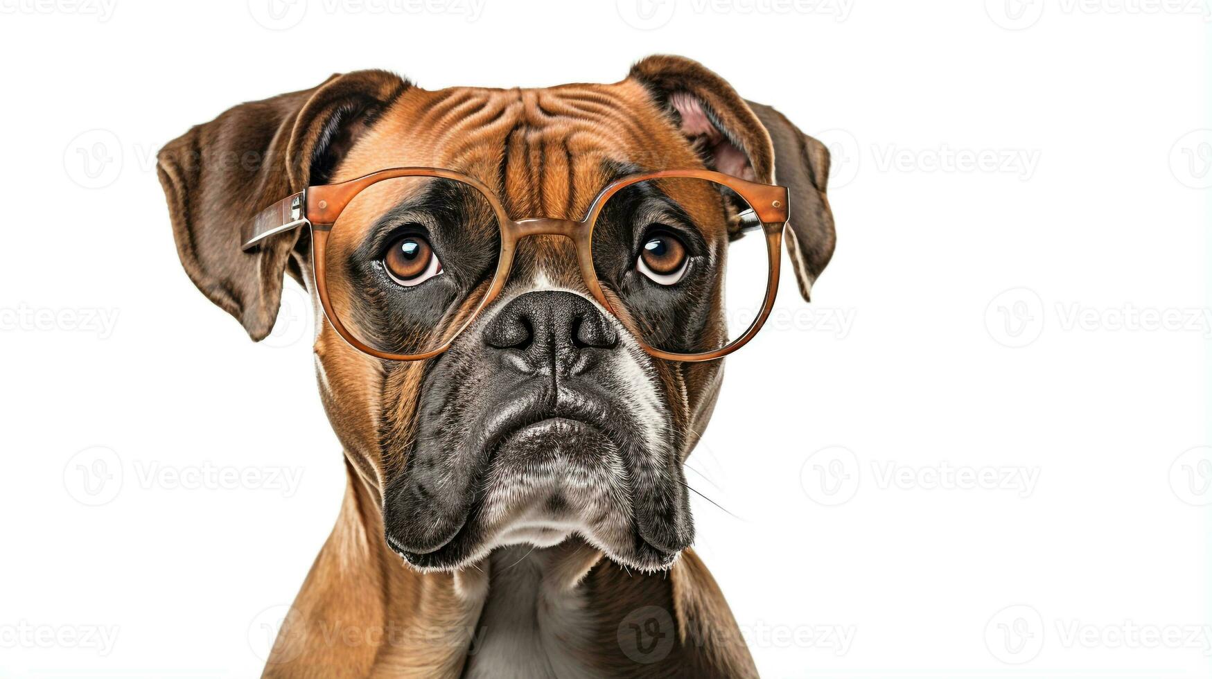 Photo of a Boxer dog using eyeglasses isolated on white background. Generative AI