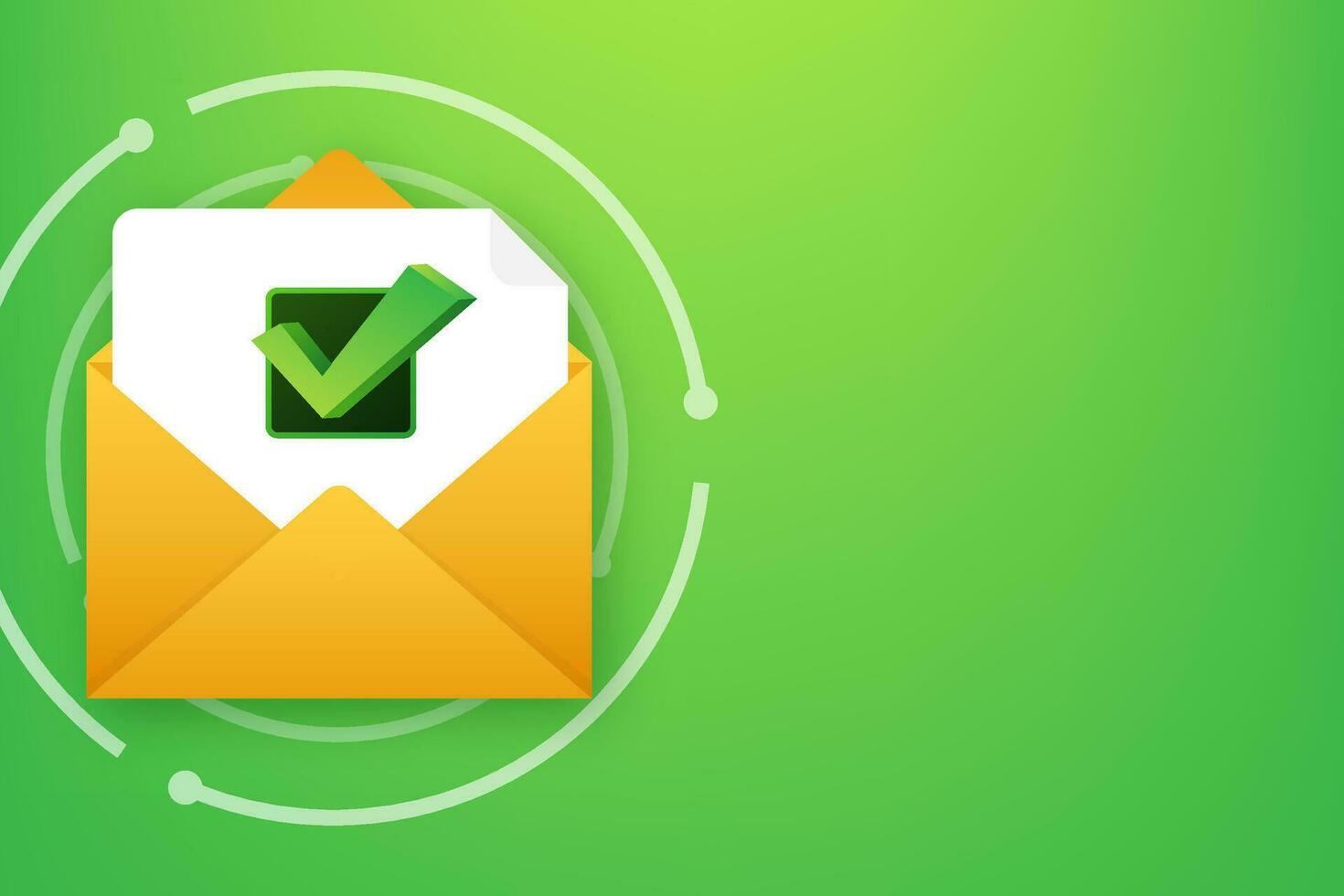 Opened envelope and document with green check mark. Verification email. Vector illustration