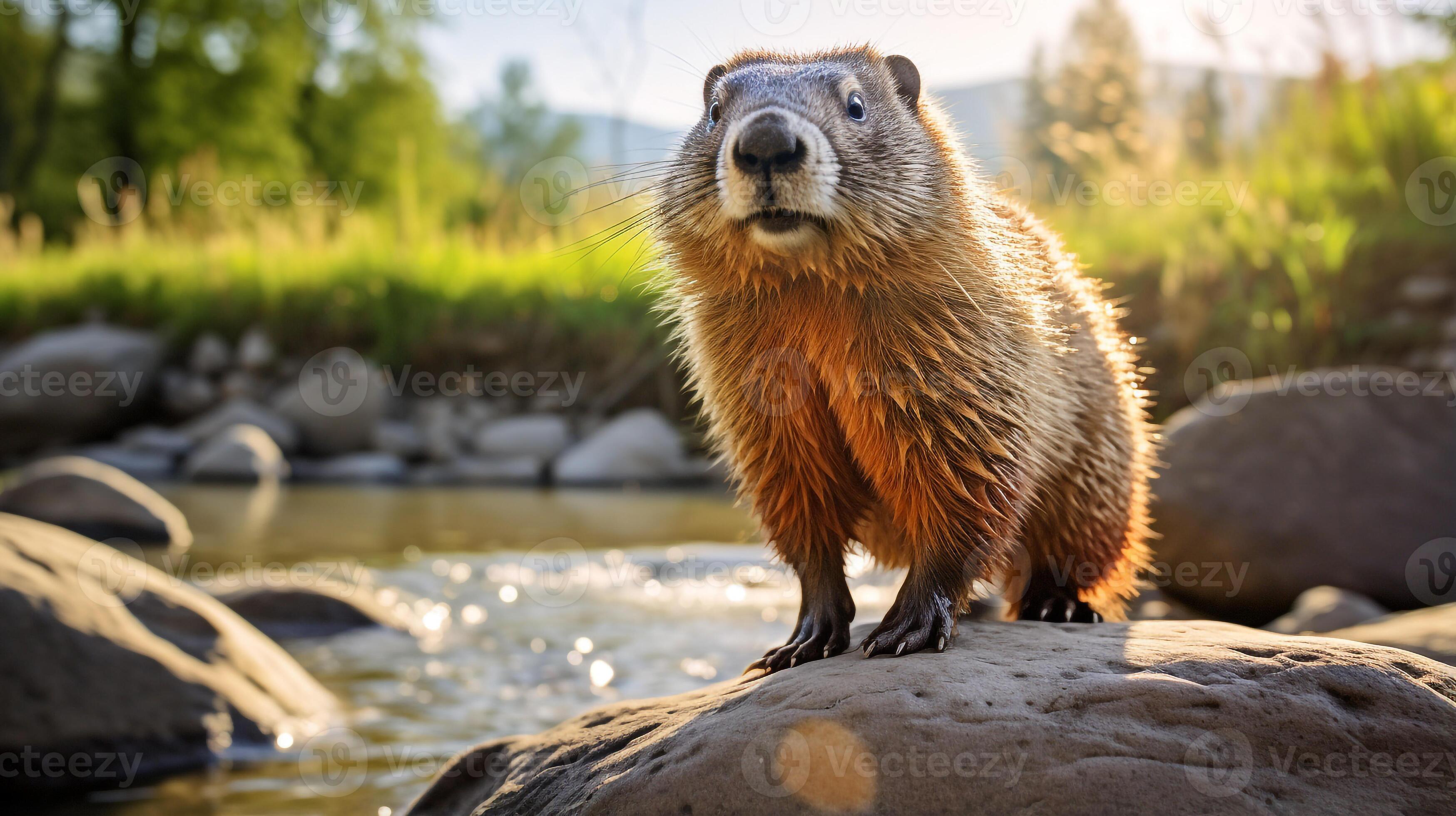 Closeup photo of a Woodchuck looking in their habitat. Generative AI