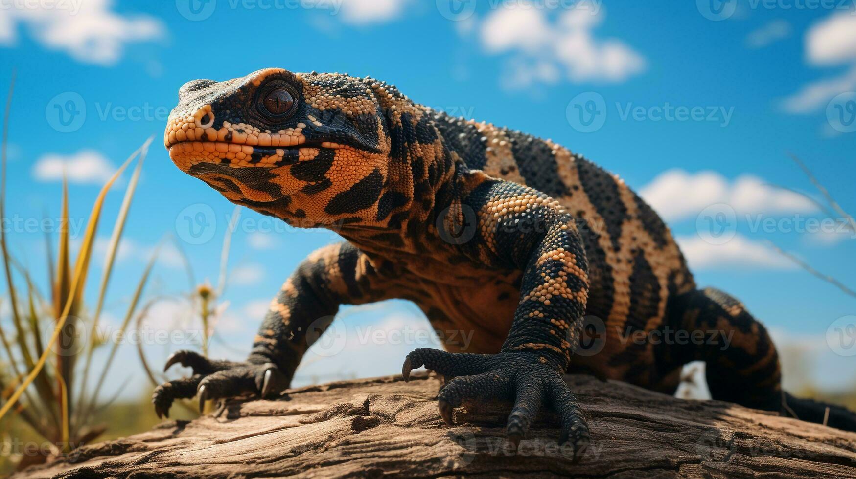 Photo of a Gila Monster under Blue Sky. Generative AI